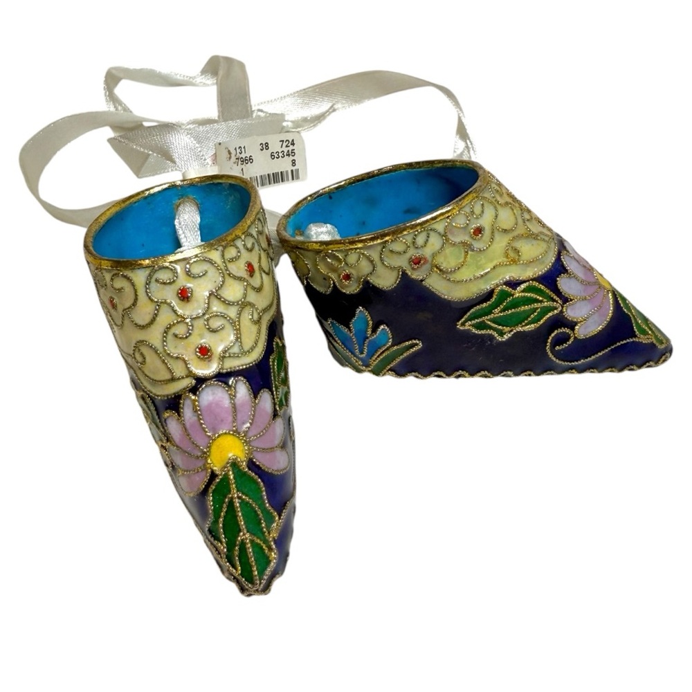 Neiman Marcus Cloisonné Enamel Oriental Shoe Ornaments – Blue Floral Pair